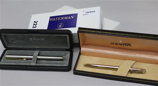 A Waterman pen & pencil set, a Waterman pencil, a Sheaffer gold-plated pr pencil & a Parker ballpoint (4)